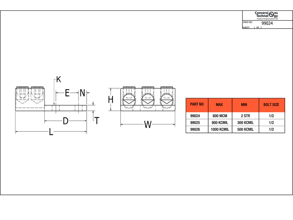 Aluminum Three Barrel Connectors 2 AWG min. to 600 kcmil max. 1/2 Inch Bolt Size