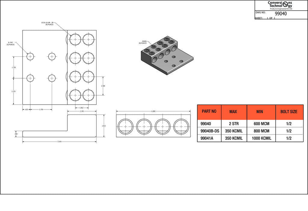 Aluminum Four Barrel Connectors  2 AWG Stranded min. to 600 kcmil max. 1/2 Inch Stud Size