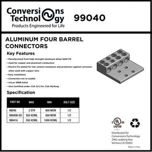 Conversions Technology Aluminum Four Barrel Connectors  2 AWG Stranded min. to 600 kcmil max. 1/2 Inch Stud Size
