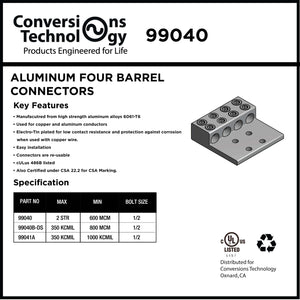 Conversions Tech Electrical > Connectors > Aluminum Connectors Aluminum Four Barrel Connectors 2 AWG Stranded min. to 600 kcmil max. 1/2 Inch Stud Size