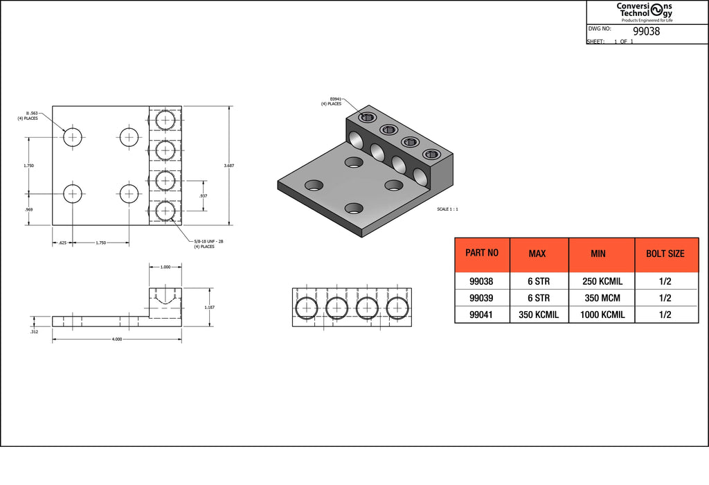 Conversions Technology Aluminum Four Barrel Connectors  6 AWG min. to 250 kcmil Max. 1/2 Inch Stud Size