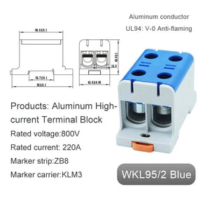 Conversions Tech WKL95-2 blue Aluminum Power Distribution Block WKL 50/95/150/240 mm² Cable Connector Din Rail Terminal Block Box WKL50/WKL95/WKL150/WKL240