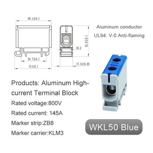 Conversions Tech WKL50 blue Aluminum Power Distribution Block WKL 50/95/150/240 mm² Cable Connector Din Rail Terminal Block Box WKL50/WKL95/WKL150/WKL240