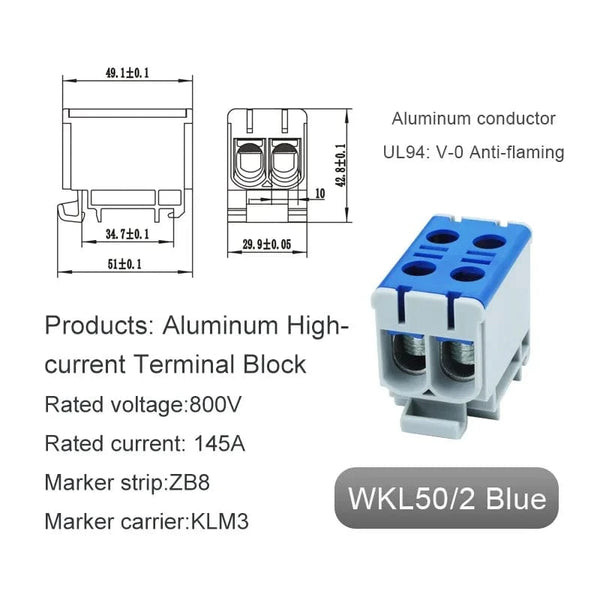 Conversions Tech WKL50-2 blue Aluminum Power Distribution Block WKL 50/95/150/240 mm² Cable Connector Din Rail Terminal Block Box WKL50/WKL95/WKL150/WKL240
