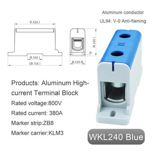 Conversions Tech WKL240 blue Aluminum Power Distribution Block WKL 50/95/150/240 mm² Cable Connector Din Rail Terminal Block Box WKL50/WKL95/WKL150/WKL240