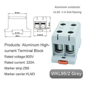 Conversions Tech WKL95-2 gray Aluminum Power Distribution Block WKL 50/95/150/240 mm² Cable Connector Din Rail Terminal Block Box WKL50/WKL95/WKL150/WKL240