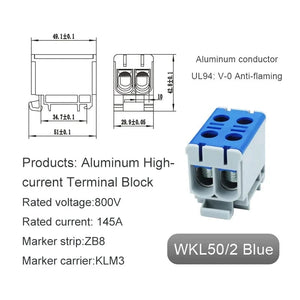 Conversions Tech WKL50-2 blue Aluminum Power Distribution Block WKL 50/95/150/240 mm² Cable Connector Din Rail Terminal Block Box WKL50/WKL95/WKL150/WKL240