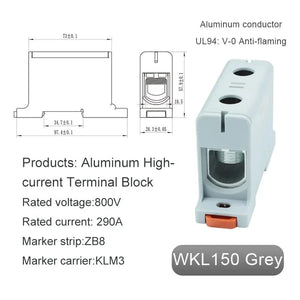 Conversions Tech WKL150 gray Aluminum Power Distribution Block WKL 50/95/150/240 mm² Cable Connector Din Rail Terminal Block Box WKL50/WKL95/WKL150/WKL240