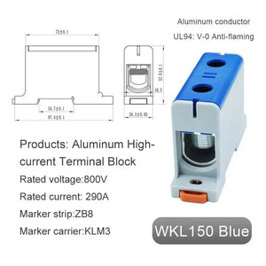 Conversions Tech WKL150 blue Aluminum Power Distribution Block WKL 50/95/150/240 mm² Cable Connector Din Rail Terminal Block Box WKL50/WKL95/WKL150/WKL240