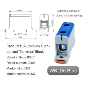 Conversions Tech WKL95 blue Aluminum Power Distribution Block WKL 50/95/150/240 mm² Cable Connector Din Rail Terminal Block Box WKL50/WKL95/WKL150/WKL240