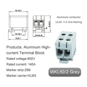 Conversions Tech WKL50-2 gray Aluminum Power Distribution Block WKL 50/95/150/240 mm² Cable Connector Din Rail Terminal Block Box WKL50/WKL95/WKL150/WKL240