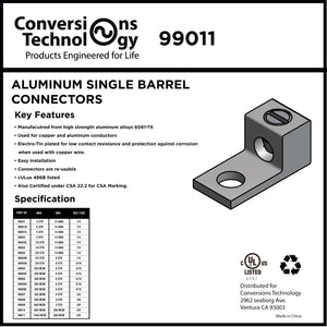 Conversions Technology Aluminum Single Barrel Connectors 1000 kcmil 5/8 Inch Stud Size