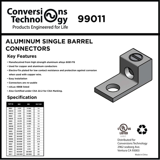 Conversions Technology Aluminum Single Barrel Connectors 1000 kcmil 5/8 Inch Stud Size