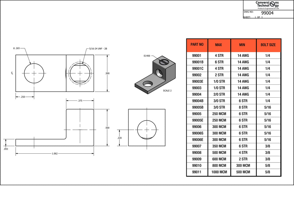 Conversions Technology Aluminum Single Barrel Connectors 14 AWG - 2/0 AWG - 1/4"