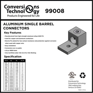 Conversions Technology Aluminum Single Barrel Connectors 500 kcmil 3/8 Inch Stud Size
