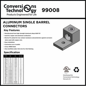 Conversions Tech Electrical > Connectors > Aluminum Connectors Aluminum Single Barrel Connectors 500 kcmil 3/8 Inch Stud Size