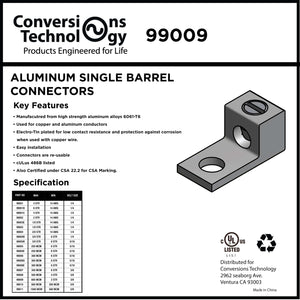 Conversions Technology Aluminum Single Barrel Connectors 600 kcmil 3/8 Inch Stud Size
