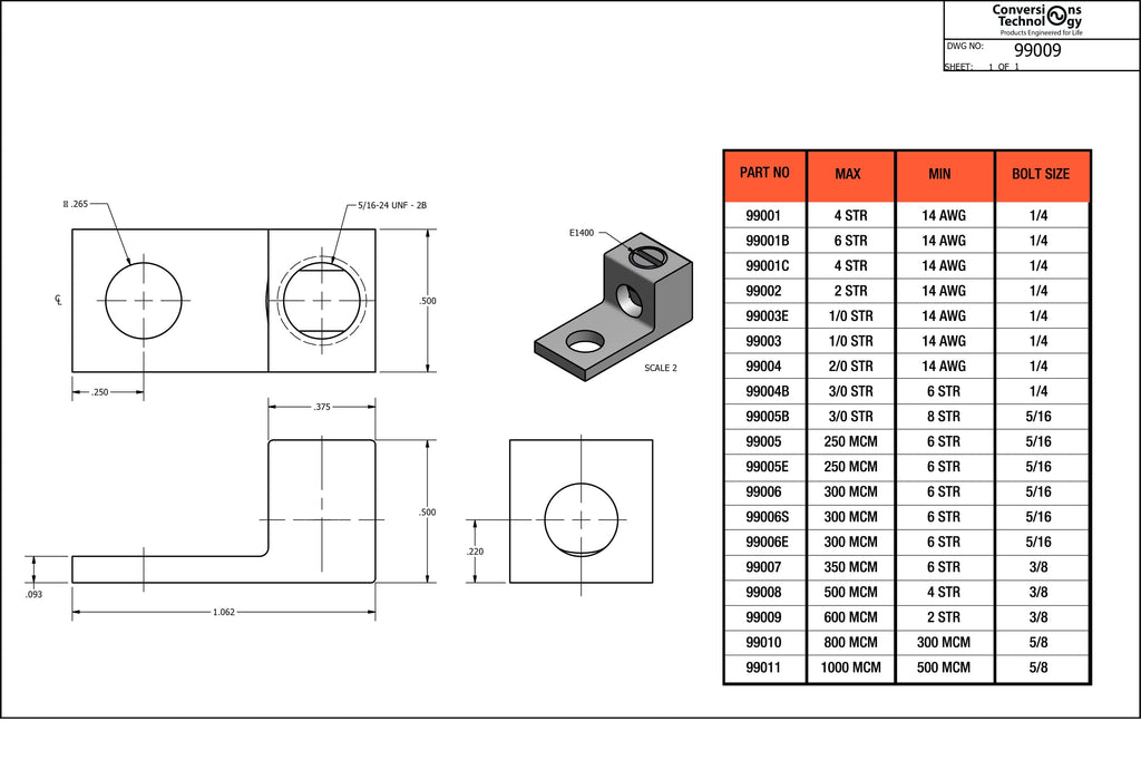 Conversions Technology Aluminum Single Barrel Connectors 600 kcmil 3/8 Inch Stud Size