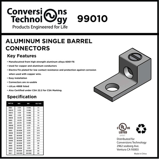 Conversions Technology Aluminum Single Barrel Connectors 800 kcmil 5/8 Inch Stud Size