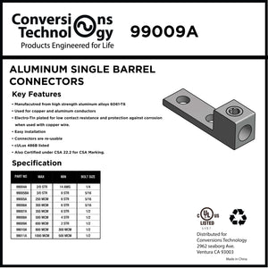 Conversions Technology Aluminum Single Barrel Connectors Two Hole Mount - 2 AWG - 600 MCM - 1/2"