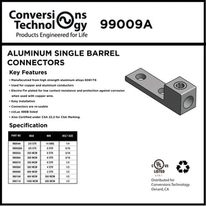 Conversions Tech Electrical > Connectors > Aluminum Connectors Aluminum Single Barrel Connectors Two Hole Mount - 2 AWG - 600 MCM - 1/2"