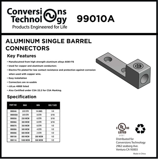 Conversions Technology Aluminum Single Barrel Connectors Two Hole Mount 300 MCM - 800 MCM - 1/2"