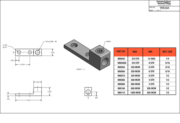 Conversions Technology Aluminum Single Barrel Connectors Two Hole Mount 300 MCM - 800 MCM - 1/2"