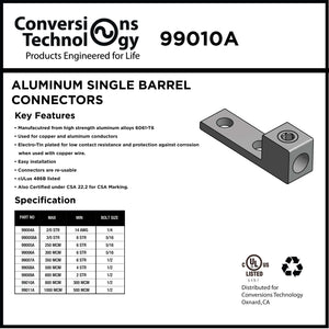 Conversions Tech Electrical > Connectors > Aluminum Connectors Aluminum Single Barrel Connectors Two Hole Mount 300 MCM - 800 MCM - 1/2"