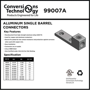 Conversions Tech Aluminum Single Barrel Connectors Two-Hole Mount 6 AWG - 250 MCM - 5/16"