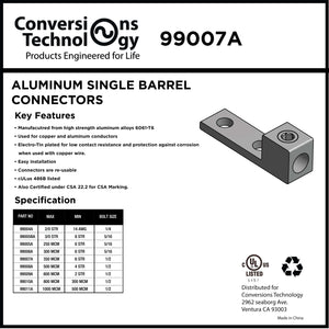 Conversions Technology Aluminum Single Barrel Connectors Two-Hole Mount 6 AWG - 350 MCM - 1/2"