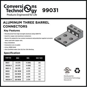 Conversions Tech Electrical > Connectors > Aluminum Connectors Aluminum Three Barrel Connectors 14 AWG min.to 1/0 AWG max. 3/8 Inch Bolt Size