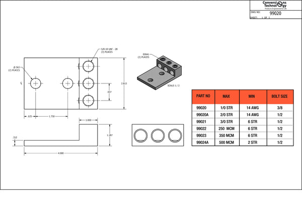 Conversions Technology Aluminum Three Barrel Connectors  14 AWG min. to 1/0 AWG max. 3/8 Inch Stud Size
