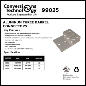 Conversions Tech Electrical > Connectors > Aluminum Connectors Aluminum Three Barrel Connectors 350 kcmil min. to 800 kcmil max. 1/2 inch Bolt Size