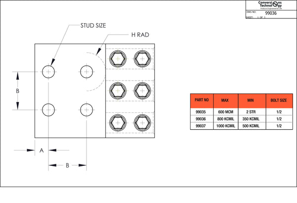 Conversions Technology Aluminum Three Barrel Connectors 350 kcmil min. to 800 kcmil max. 1/2 Inch Stud Size