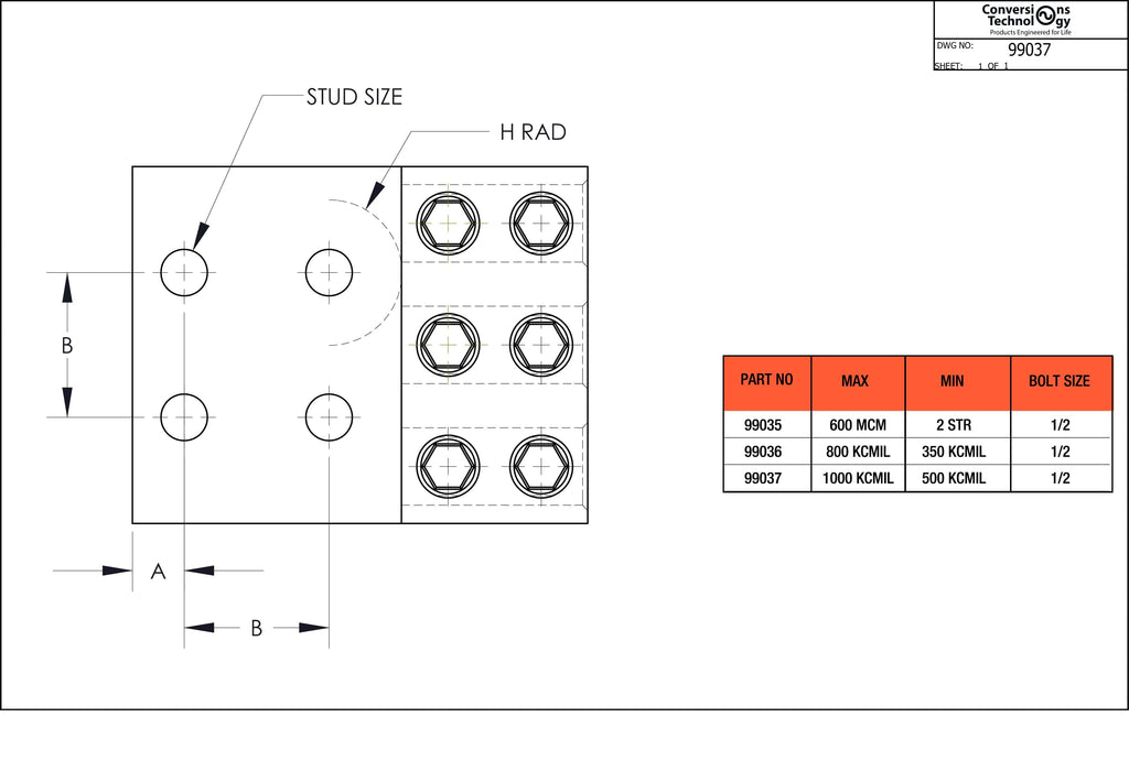 Conversions Technology Aluminum Three Barrel Connectors  500 kcmil min. to 1000 kcmil max. 1/2 inch Stud Size
