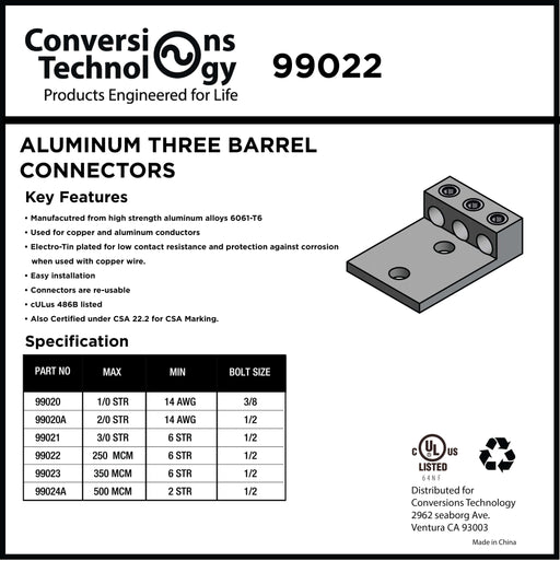 Conversions Technology Aluminum Three Barrel Connectors 6 AWG min. to 250 kcmil max. 1/2 Inch Stud Size