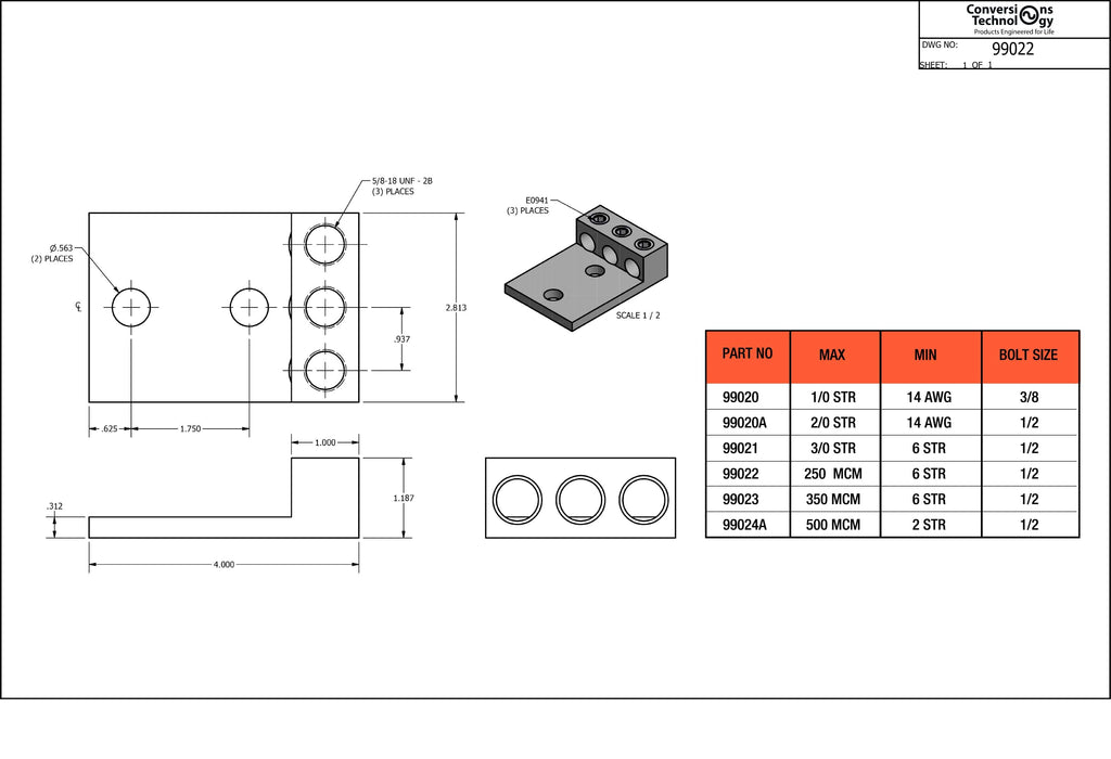 Conversions Technology Aluminum Three Barrel Connectors 6 AWG min. to 250 kcmil max. 1/2 Inch Stud Size