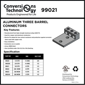 Conversions Technology Aluminum Three Barrel Connectors 6 AWG min. to 3/0 AWG max. 1/2 Inch Bolt Size