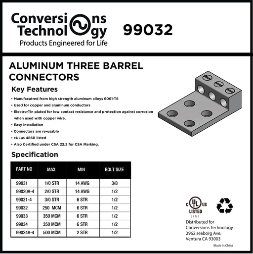 Conversions Technology Aluminum Three Barrel Connectors 6 AWG to 240 kcmil 1/2 Inch Stud Size