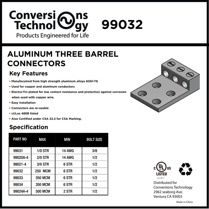 Conversions Technology Aluminum Three Barrel Connectors 6 AWG to 240 kcmil 1/2 Inch Stud Size