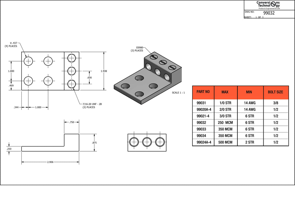 Conversions Technology Aluminum Three Barrel Connectors 6 AWG to 240 kcmil 1/2 Inch Stud Size