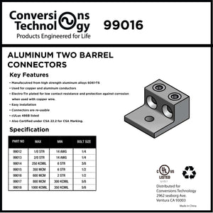 Conversions Technology Aluminum Two Barrel Connectors 2 AWG min. to 600 kcmil max. 1/2 Inch Stud Size