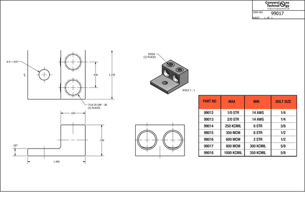 Conversions Technology Aluminum Two Barrel Connectors 300 kcmil min. to 800 kcmil max. 5/8 Inch Stud Size