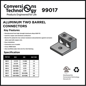 Conversions Tech Electrical > Connectors > Aluminum Connectors Aluminum Two Barrel Connectors 300 kcmil min to 800 kcmil max 5/8 Inch Stud Size | 210-99017
