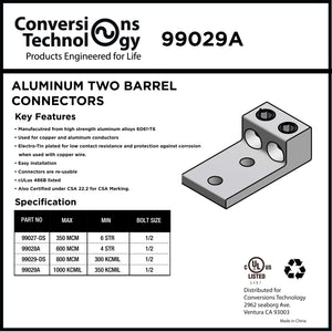 Conversions Technology Aluminum Two Barrel Connectors 350 kcmil min. to 1000 kcmil max. 1/2 Inch Stud Size