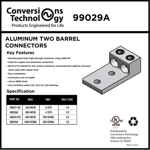 Conversions Technology Aluminum Two Barrel Connectors 350 kcmil min. to 1000 kcmil max. 1/2 Inch Stud Size