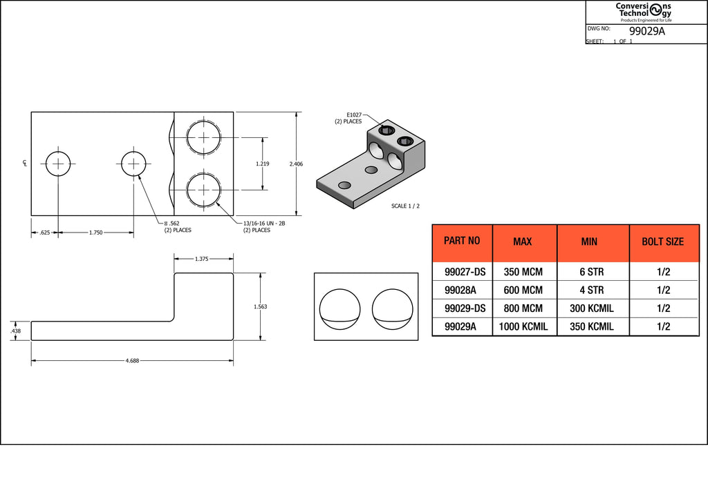 Conversions Technology Aluminum Two Barrel Connectors 350 kcmil min. to 1000 kcmil max. 1/2 Inch Stud Size