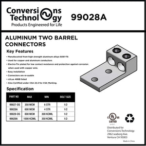 Conversions Technology Aluminum Two Barrel Connectors 4 AWG min. to 600 kcmil max. 1/2 Inch Stud Size