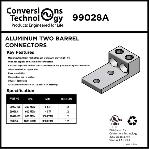 Conversions Technology Aluminum Two Barrel Connectors 4 AWG min. to 600 kcmil max. 1/2 Inch Stud Size