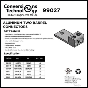 Conversions Technology Aluminum Two Barrel Connectors 6 AWG min. to 350 kcmil max. 1/2 Inch Bolt Size